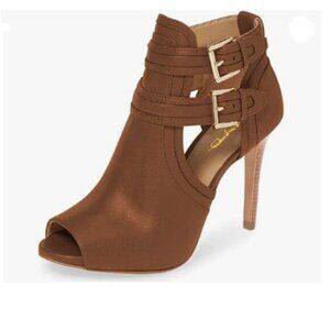 XYD Brown Peep Toe Ankle Bootie High Heels Buckled Double Straps Cutout Shoes